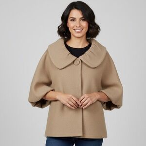 Heather B 100% Wool Tan Ruffle Collar Poncho Cape‎ with Flutter Sleeves XL